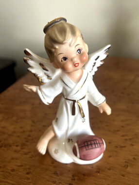 Vintage 1950s Napco Boy Angel Football Player Figurine Kitsch Sports Japan 4.75”